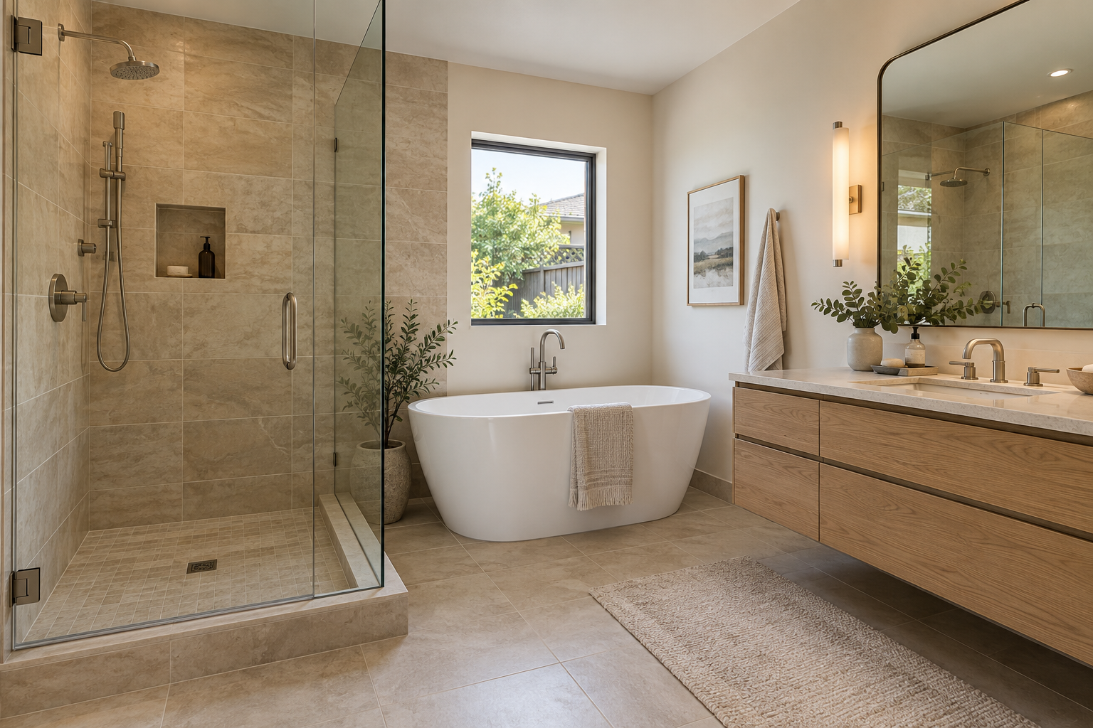 Finished bathroom with stone vanity, walk-in shower and warm neutral tile