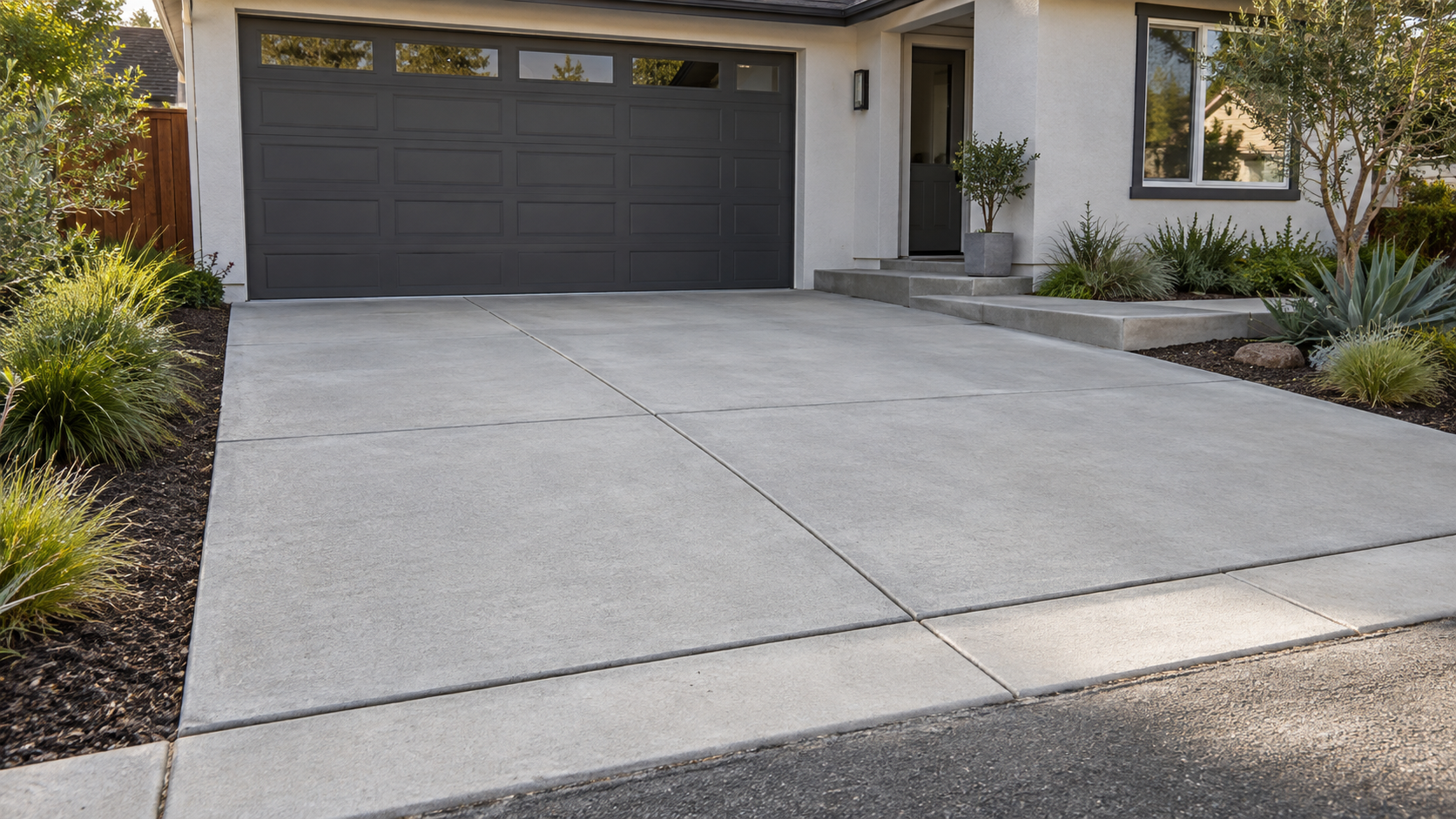 Freshly repaired residential concrete walkway and steps in an East Bay landscape