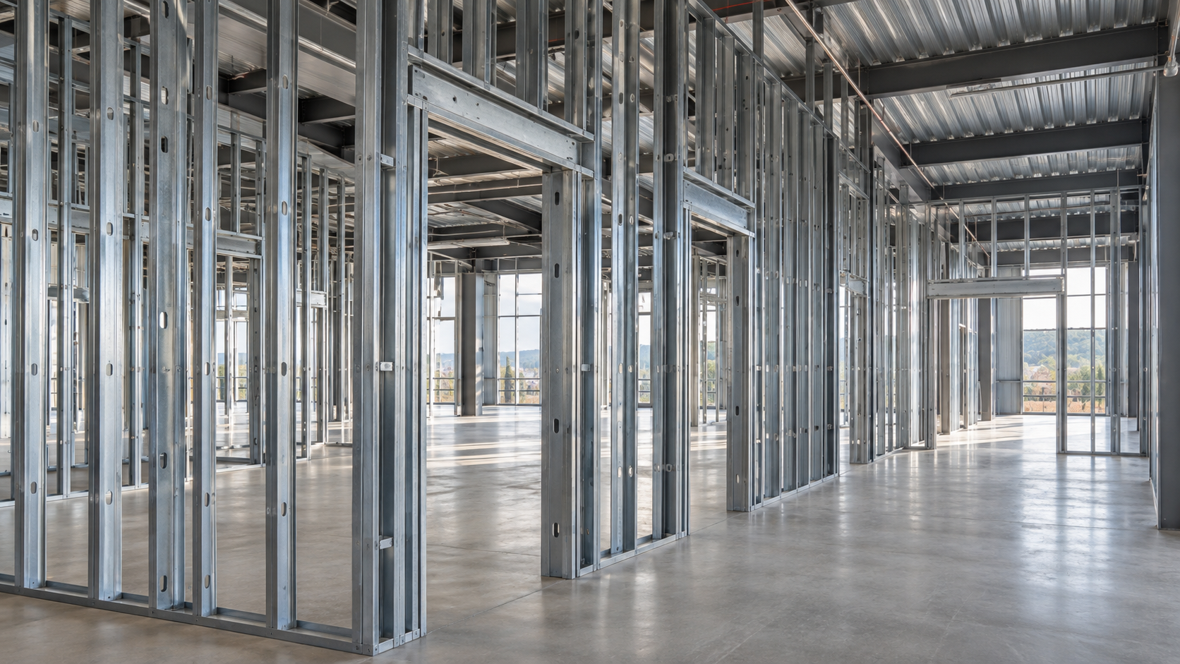 High-quality interior view of precise commercial metal wall framing